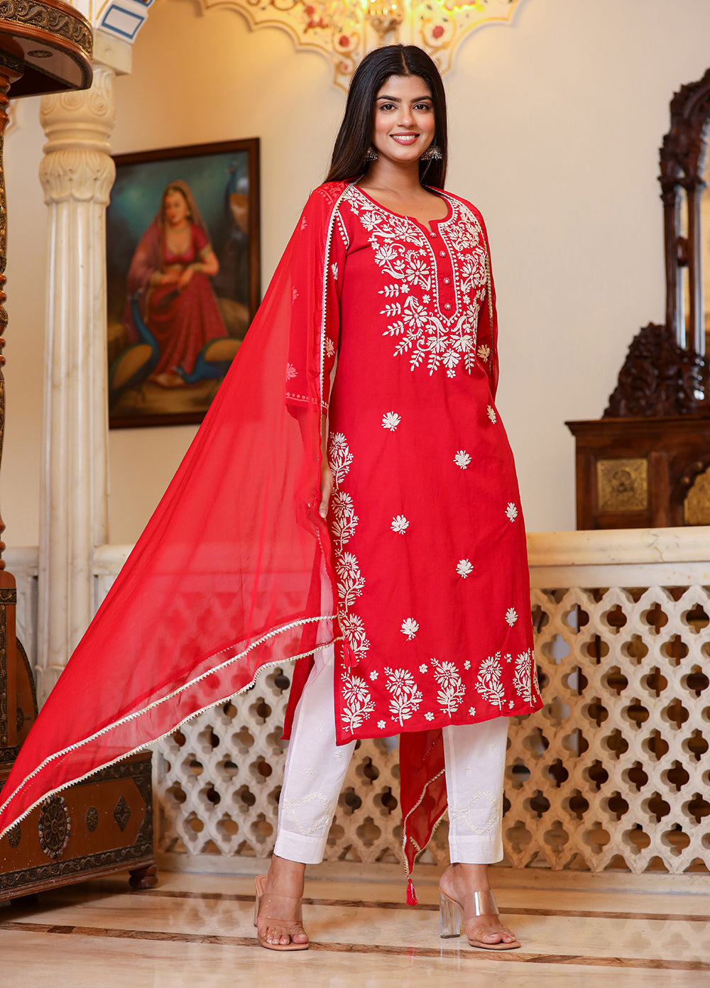 Kaajh Women's Red Lucknow Chikankari Kurta Set With Pant and Dupatta | Swadesiicart