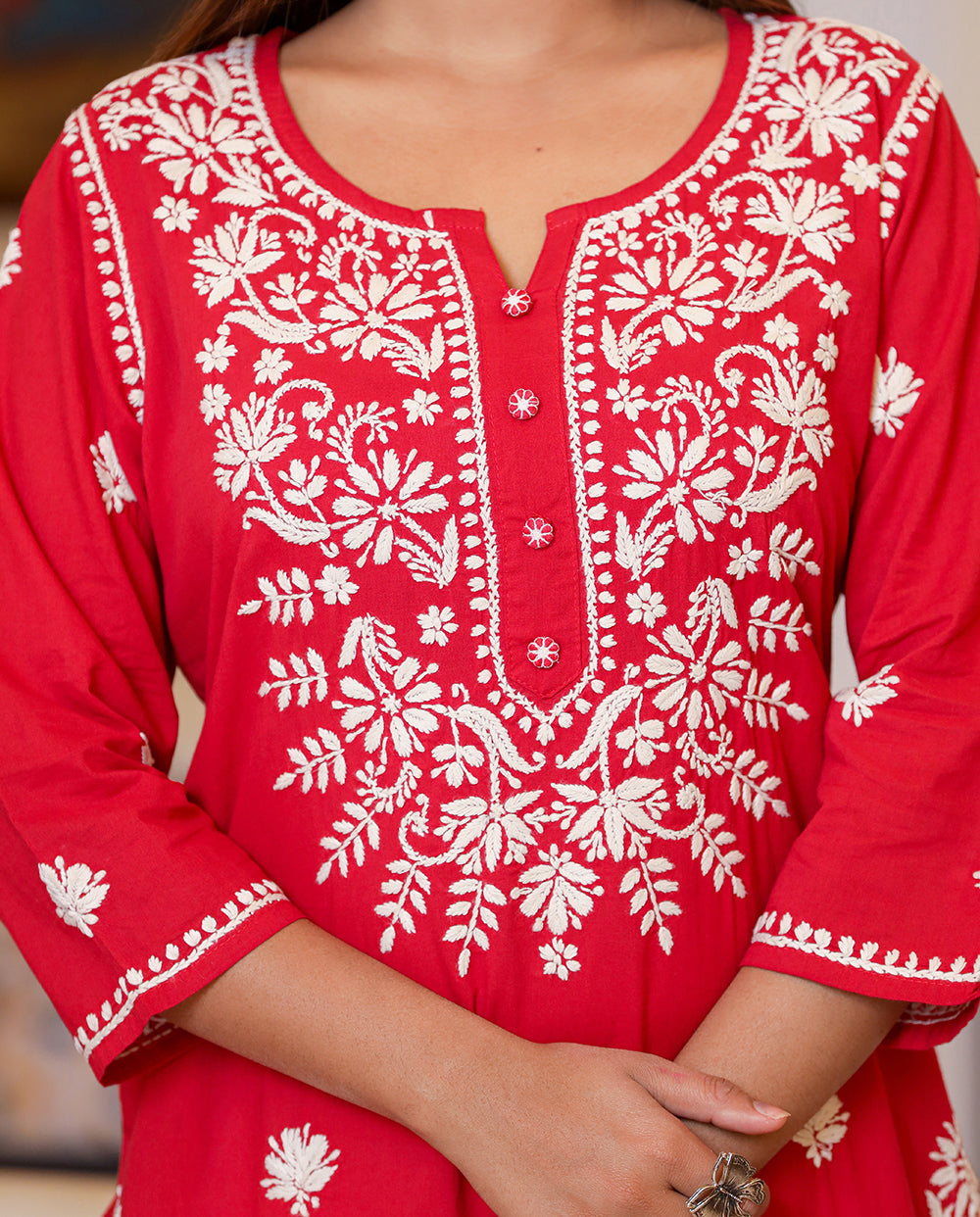 Kaajh Women's Red Lucknow Chikankari Kurta Set With Pant and Dupatta | Swadesiicart