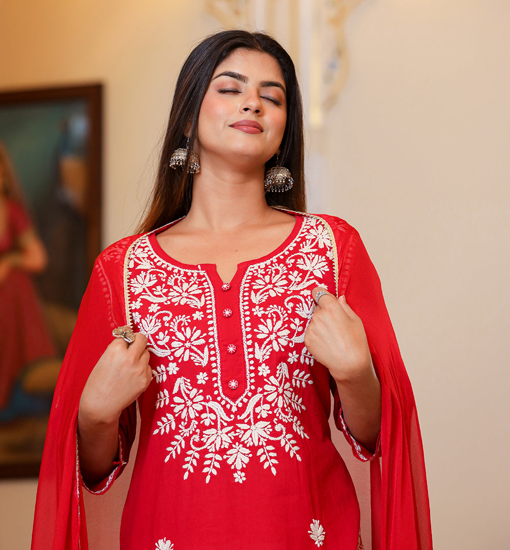 Kaajh Women's Red Lucknow Chikankari Kurta Set With Pant and Dupatta | Swadesiicart