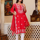 Kaajh Women's Red Lucknow Chikankari Kurta Set With Pant and Dupatta | Swadesiicart