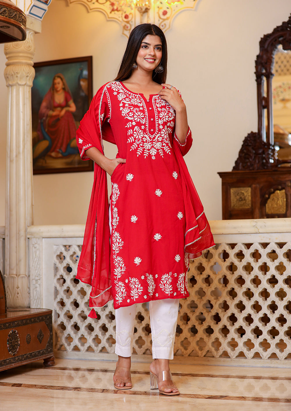 Kaajh Women's Red Lucknow Chikankari Kurta Set With Pant and Dupatta | Swadesiicart