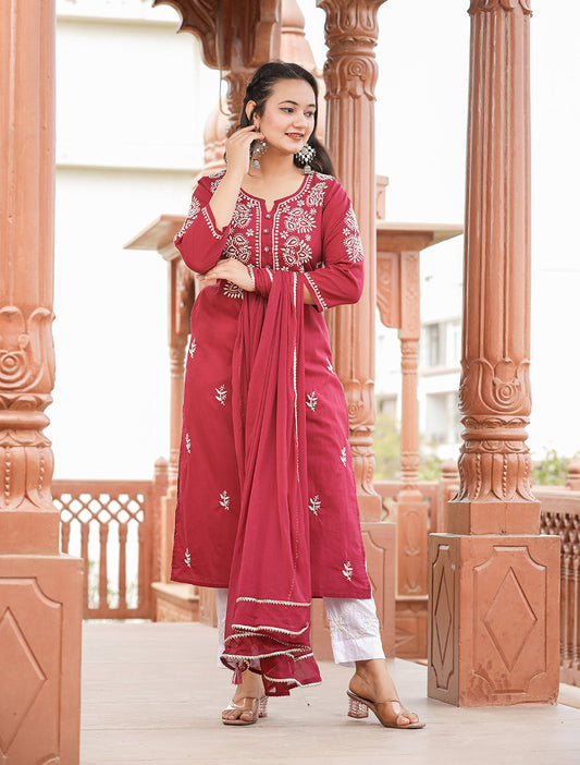 Kaajh Women's Wine Red Lucknow Chikankari Cotton Kurta Set With Dupatta | Swadesiicart