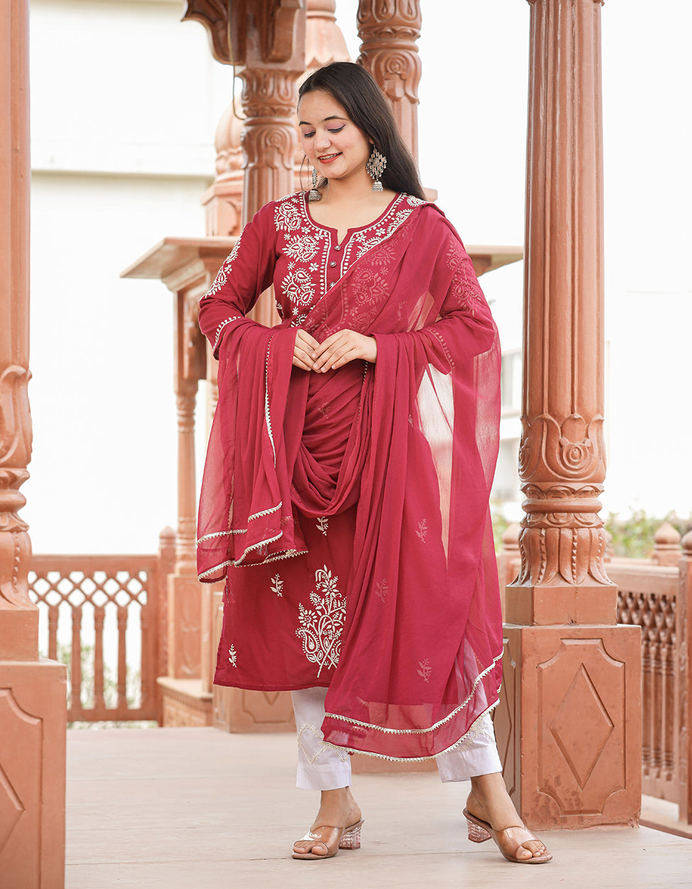 Kaajh Women's Wine Red Lucknow Chikankari Cotton Kurta Set With Dupatta | Swadesiicart