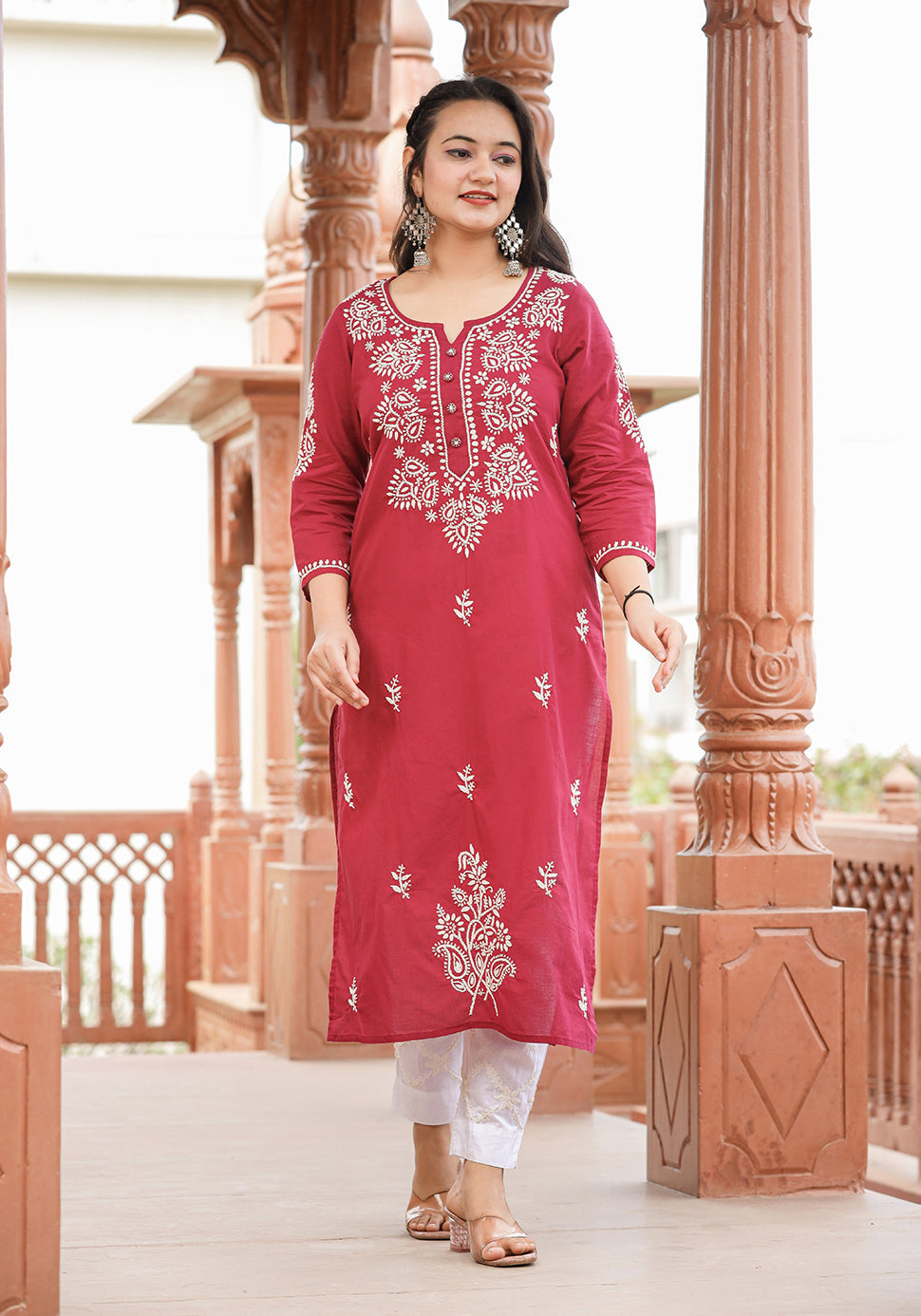 Kaajh Women's Wine Red Lucknow Chikankari Cotton Kurta Set With Dupatta | Swadesiicart
