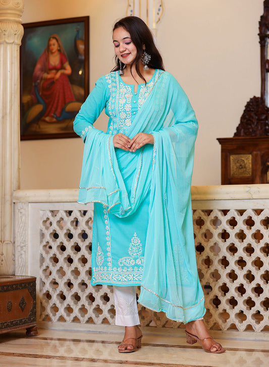 Kaajh Women's Turquoise Hand Embroidered Lucknow Chikankari Kurta Set With Dupatta | Swadesiicart