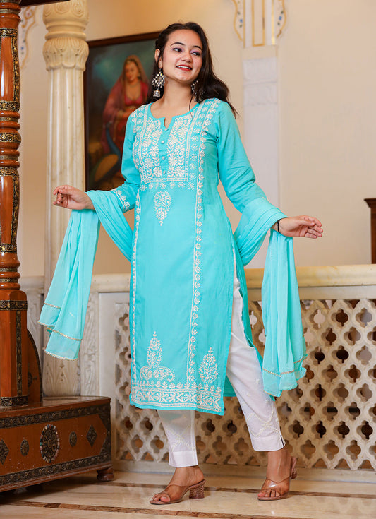 Kaajh Women's Turquoise Hand Embroidered Lucknow Chikankari Kurta Set With Dupatta | Swadesiicart
