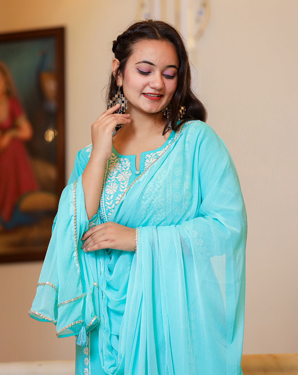 Kaajh Women's Turquoise Hand Embroidered Lucknow Chikankari Kurta Set With Dupatta | Swadesiicart