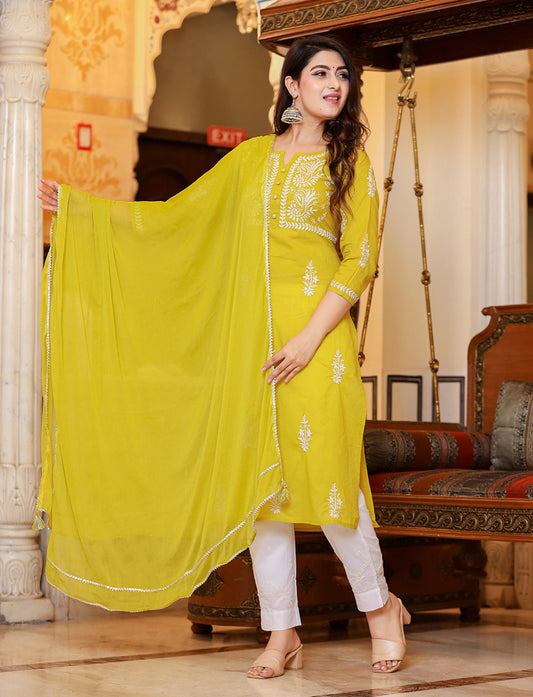 Kaajh Women's Mustard Lucknow Chikankari Kurta Pant Set With Dupatta | Swadesiicart