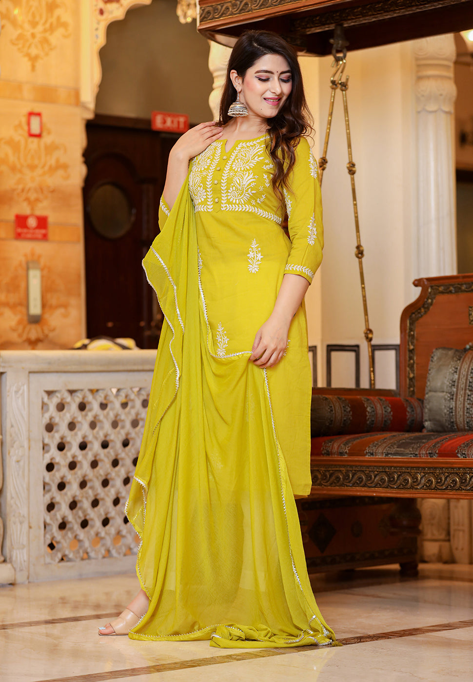 Kaajh Women's Mustard Lucknow Chikankari Kurta Pant Set With Dupatta | Swadesiicart
