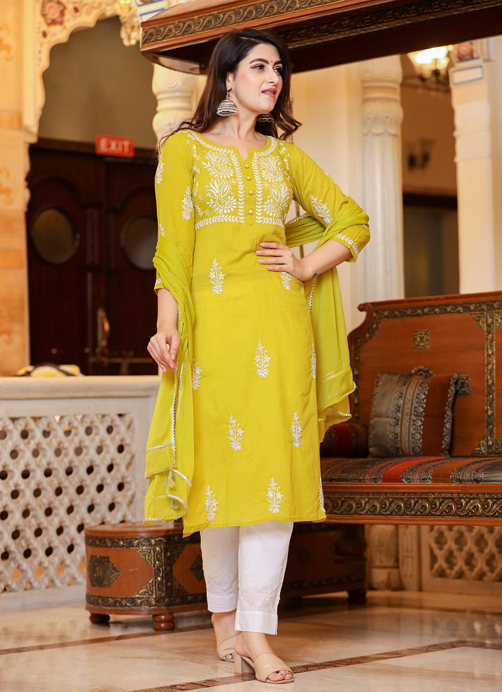 Kaajh Women's Mustard Lucknow Chikankari Kurta Pant Set With Dupatta | Swadesiicart