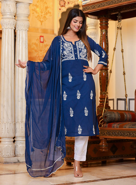 Kaajh Women's Navy Blue Lucknow Chikankari Kurta Pant Set With Dupatta | Swadesiicart