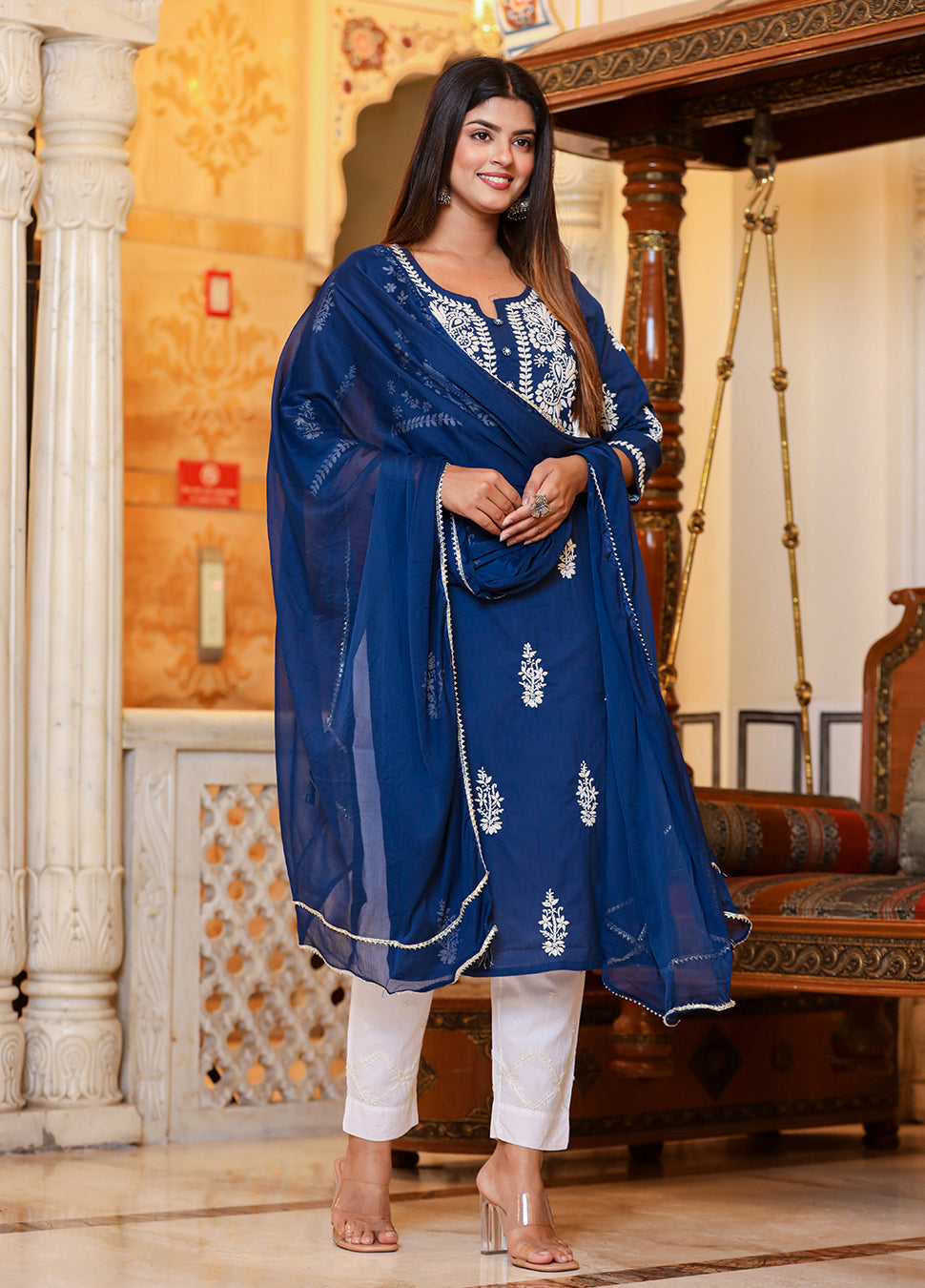 Kaajh Women's Navy Blue Lucknow Chikankari Kurta Pant Set With Dupatta | Swadesiicart