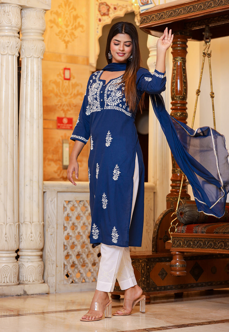 Kaajh Women's Navy Blue Lucknow Chikankari Kurta Pant Set With Dupatta | Swadesiicart