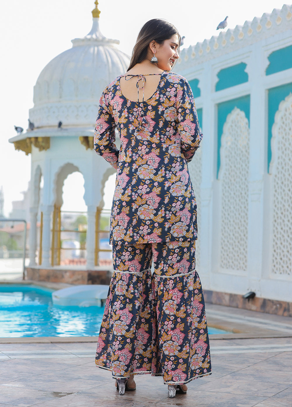 Kaajh Women's Grey Floral Printed Kurta With Sharara | Swadesiicart
