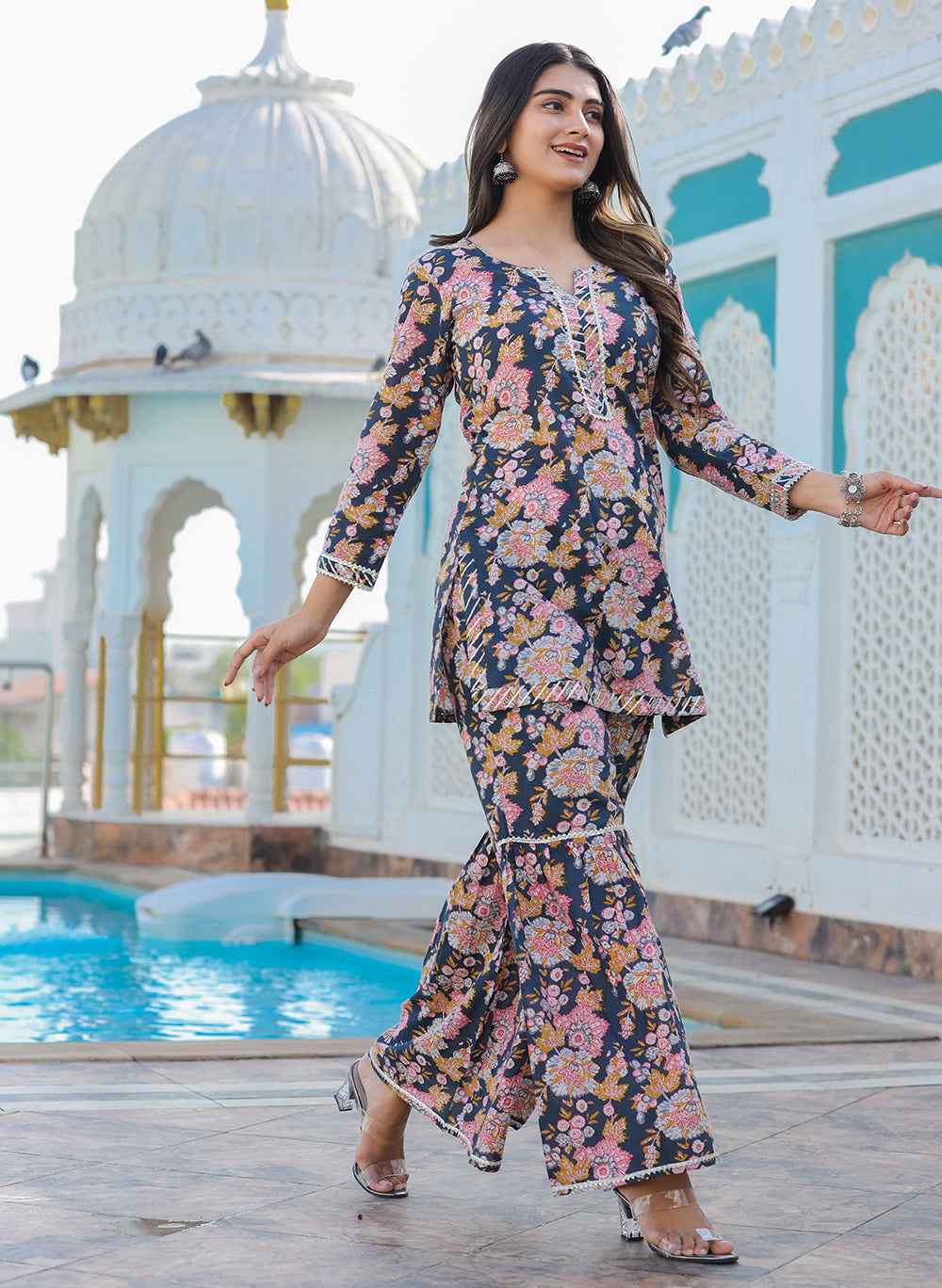 Kaajh Women's Grey Floral Printed Kurta With Sharara | Swadesiicart