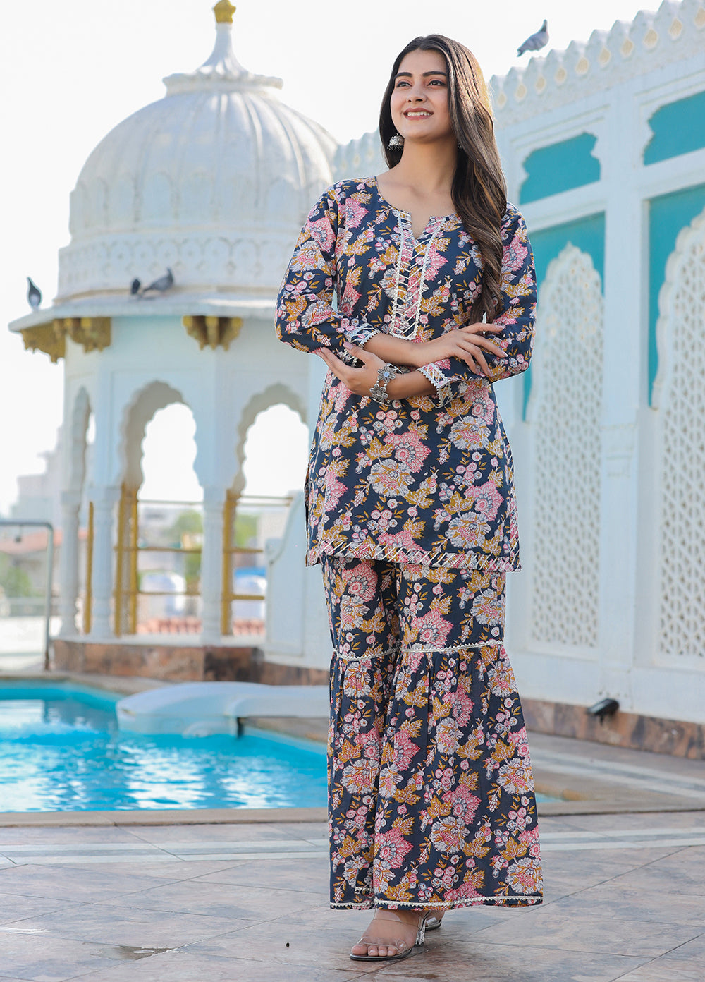 Kaajh Women's Grey Floral Printed Kurta With Sharara | Swadesiicart