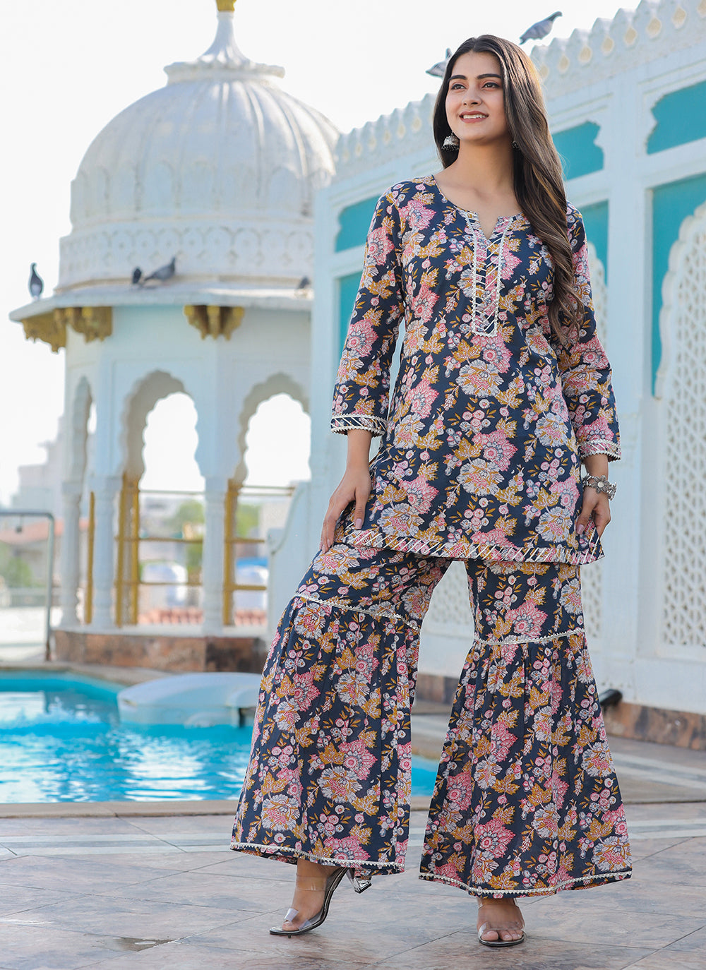 Kaajh Women's Grey Floral Printed Kurta With Sharara | Swadesiicart