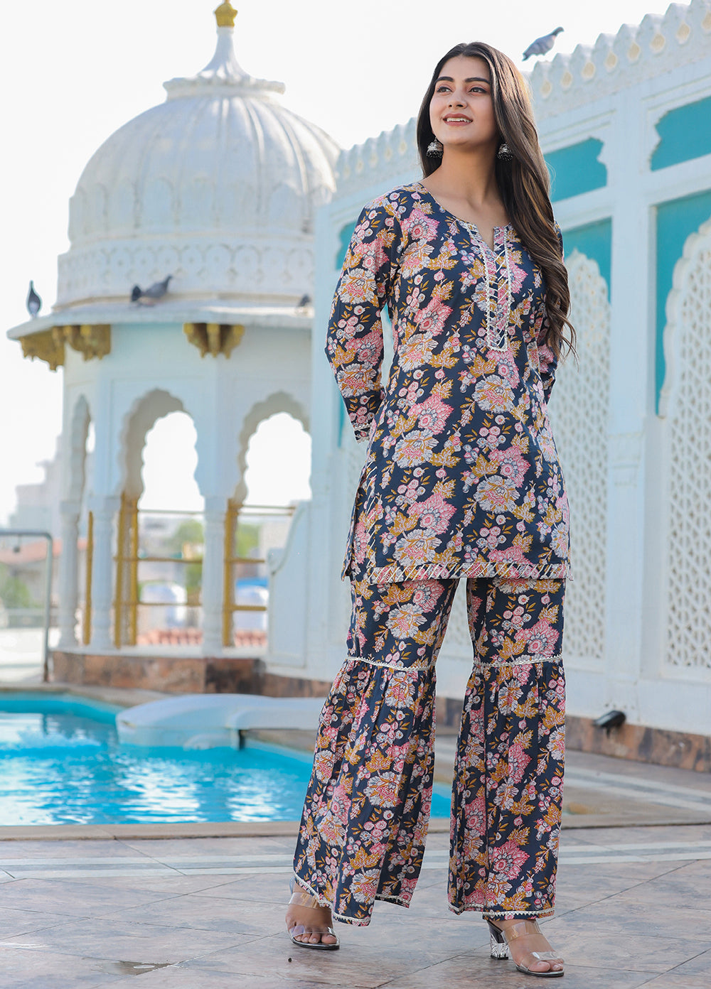 Kaajh Women's Grey Floral Printed Kurta With Sharara | Swadesiicart