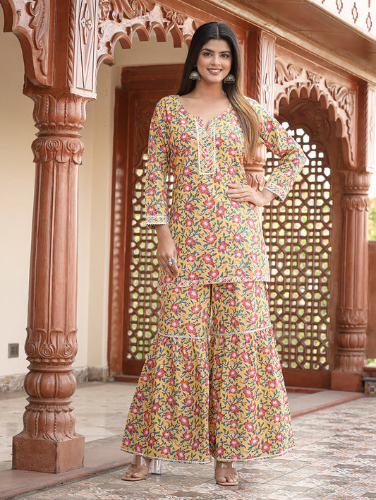 Kaajh Women's Yellow Floral Printed Kurta With Sharara | Swadesiicart