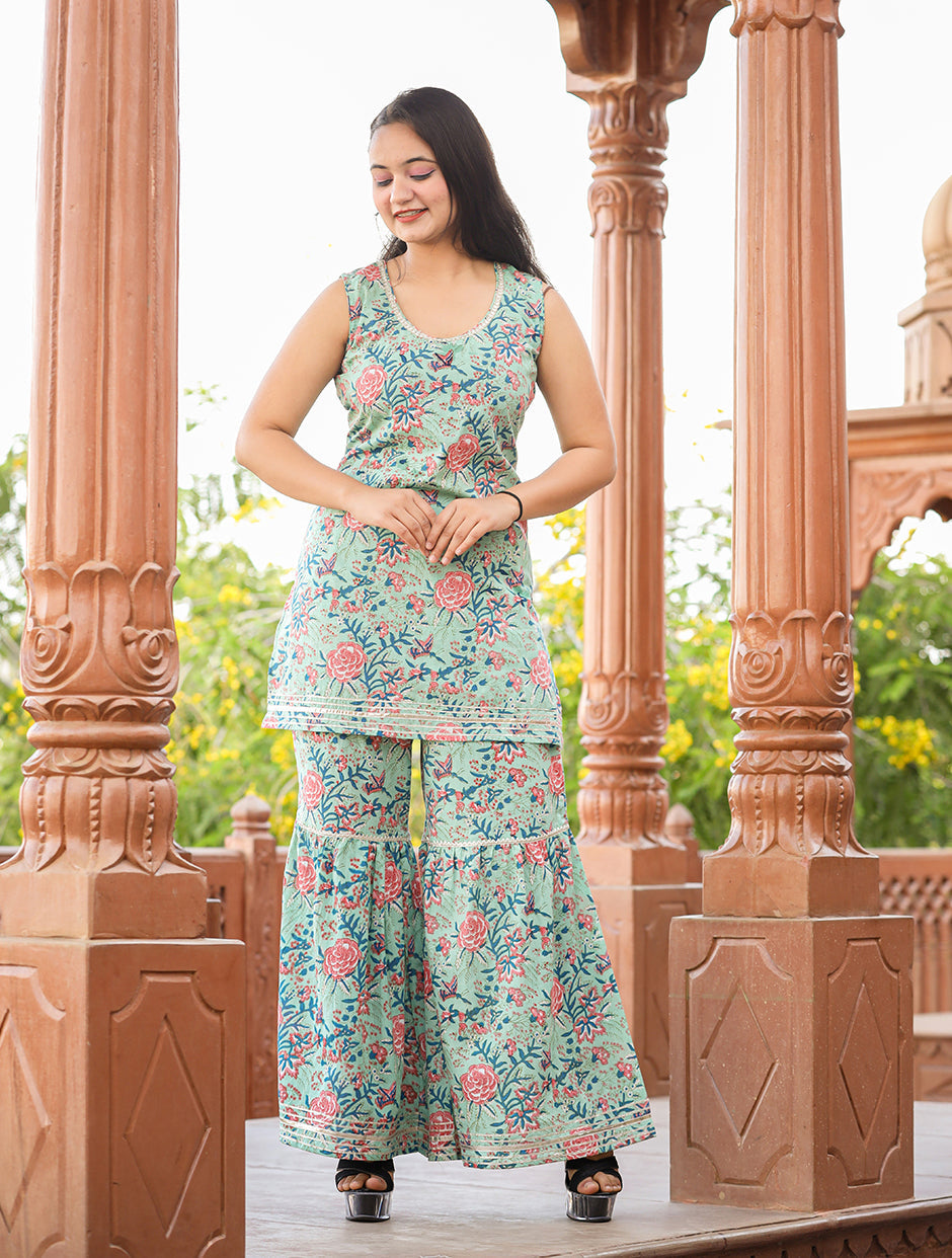Kaajh Women's Turquoise Floral Printed Kurta With Sharara | Swadesiicart