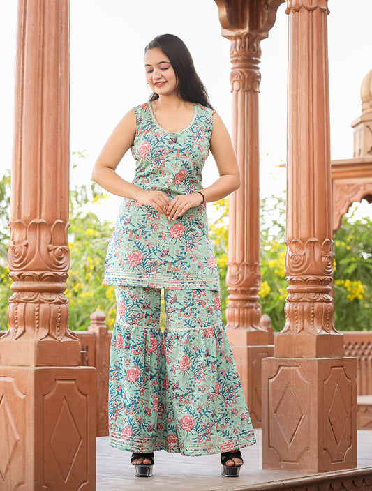 Kaajh Women's Turquoise Floral Printed Kurta With Sharara | Swadesiicart