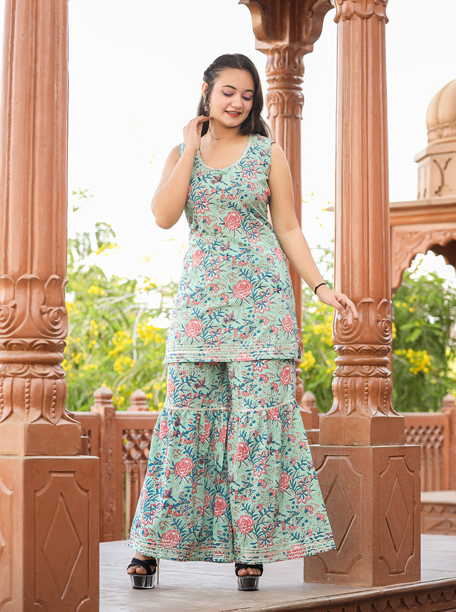 Kaajh Women's Turquoise Floral Printed Kurta With Sharara | Swadesiicart