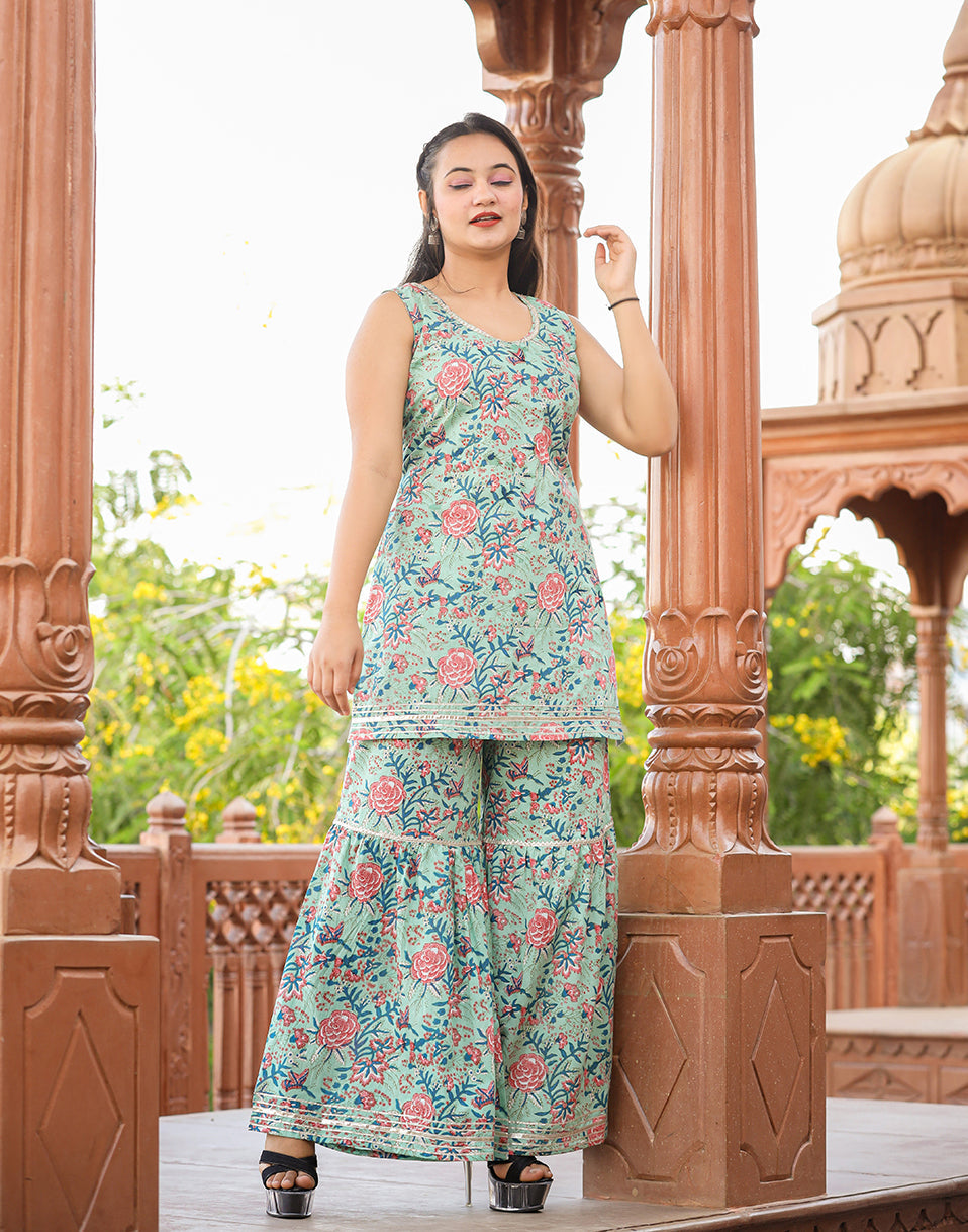 Kaajh Women's Turquoise Floral Printed Kurta With Sharara | Swadesiicart