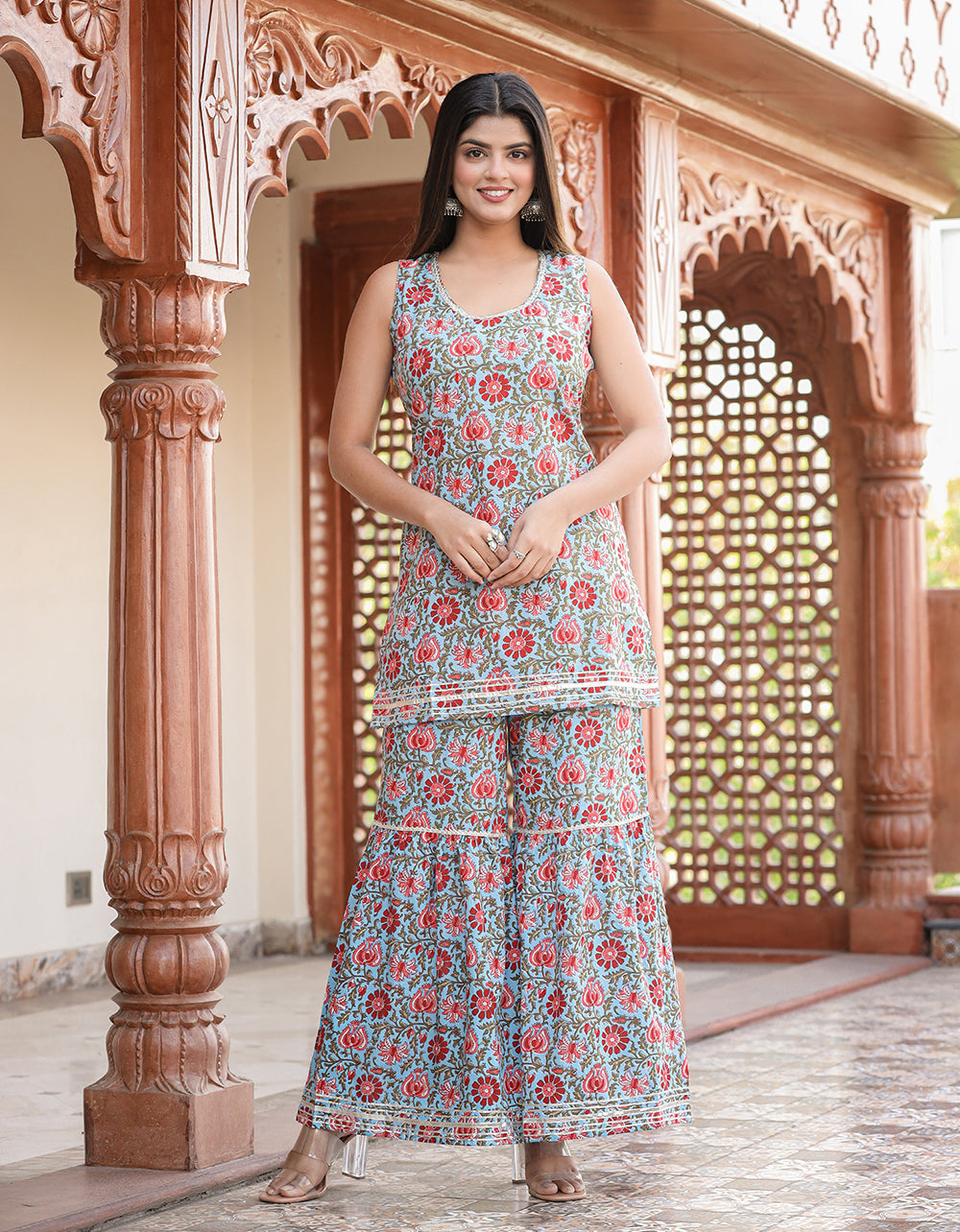 Kaajh Women's Sky Blue Floral Printed Kurta With Sharara | Swadesiicart
