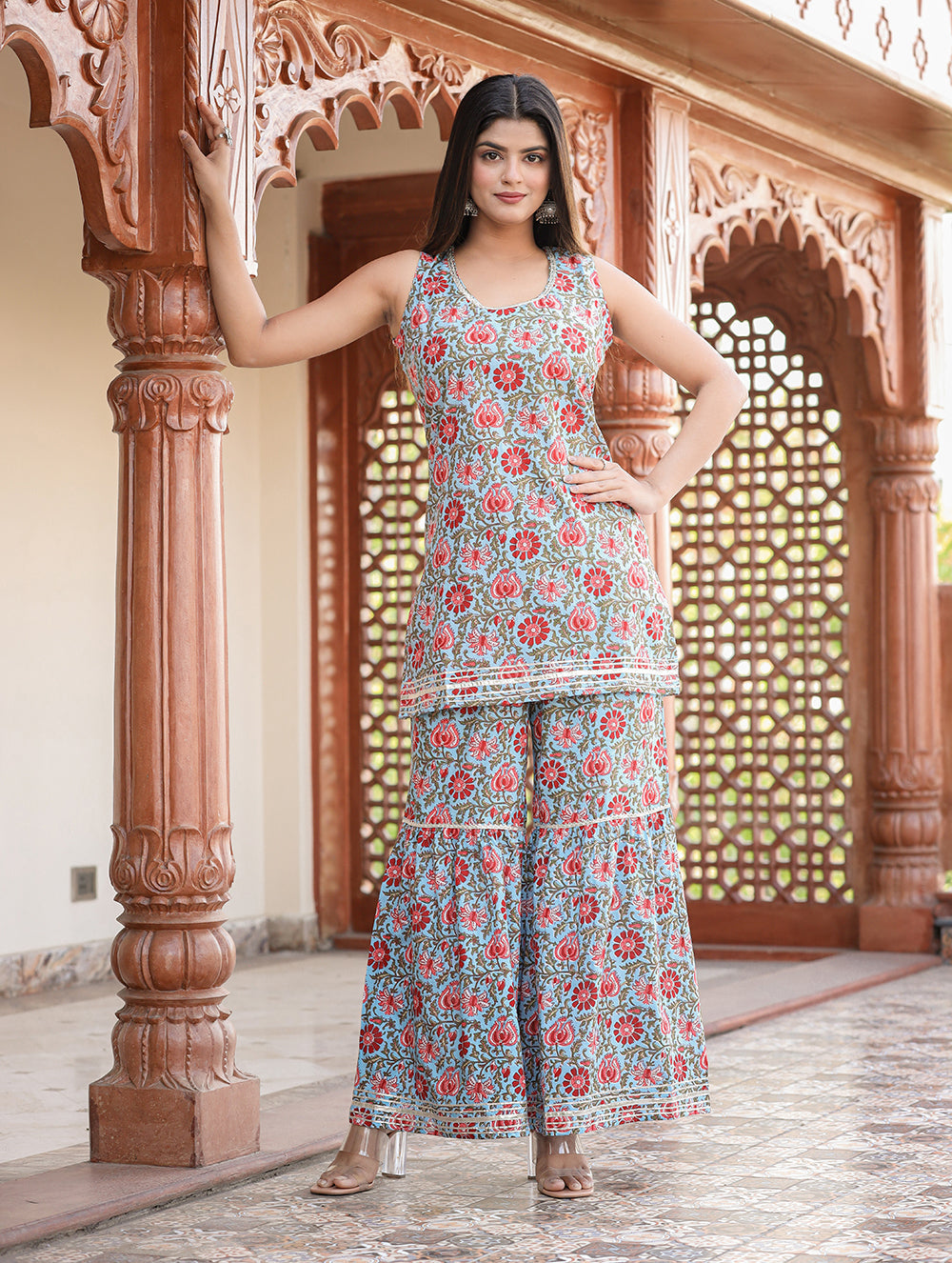 Kaajh Women's Sky Blue Floral Printed Kurta With Sharara | Swadesiicart