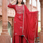 Kaajh Women's Red Rayon Embroidered Kurta Sharara Set With Dupatta | Swadesiicart