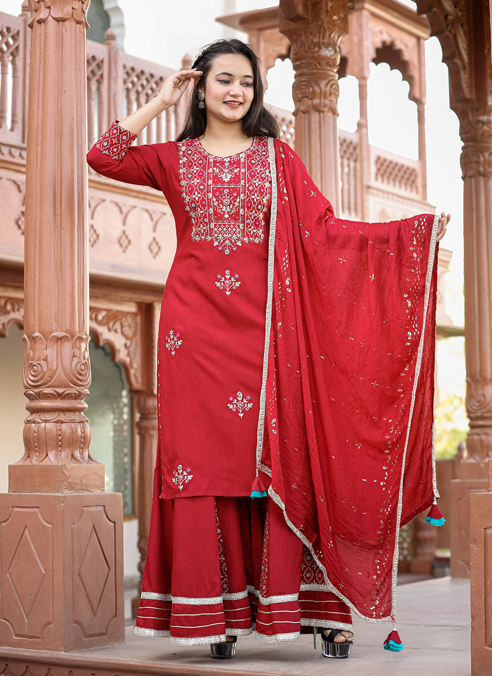 Kaajh Women's Red Rayon Embroidered Kurta Sharara Set With Dupatta | Swadesiicart