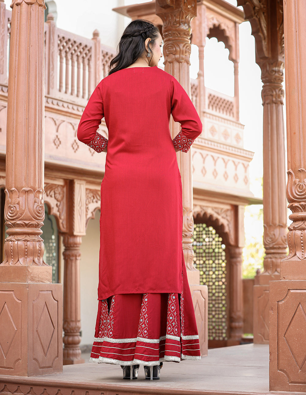 Kaajh Women's Red Rayon Embroidered Kurta Sharara Set With Dupatta | Swadesiicart