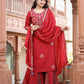 Kaajh Women's Red Rayon Embroidered Kurta Sharara Set With Dupatta | Swadesiicart