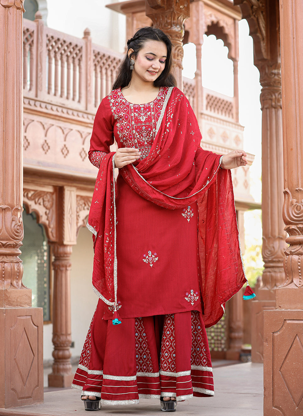 Kaajh Women's Red Rayon Embroidered Kurta Sharara Set With Dupatta | Swadesiicart