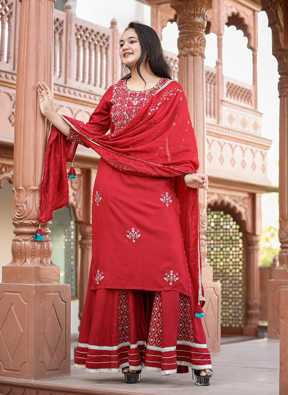 Kaajh Women's Red Rayon Embroidered Kurta Sharara Set With Dupatta | Swadesiicart