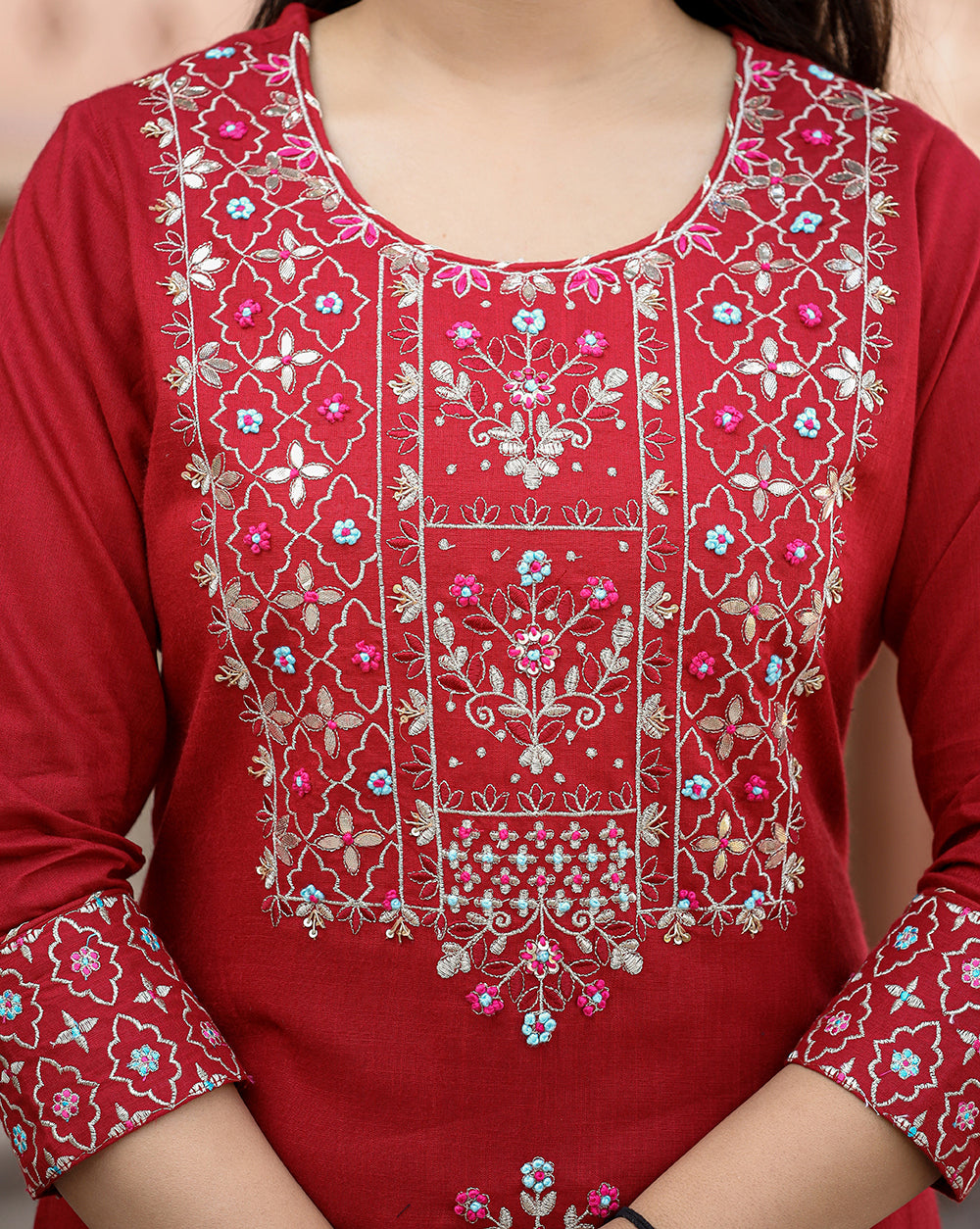 Kaajh Women's Red Rayon Embroidered Kurta Sharara Set With Dupatta | Swadesiicart