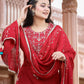 Kaajh Women's Red Rayon Embroidered Kurta Sharara Set With Dupatta | Swadesiicart