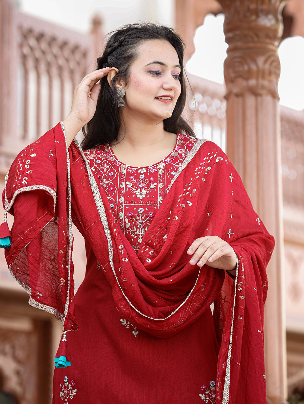 Kaajh Women's Red Rayon Embroidered Kurta Sharara Set With Dupatta | Swadesiicart