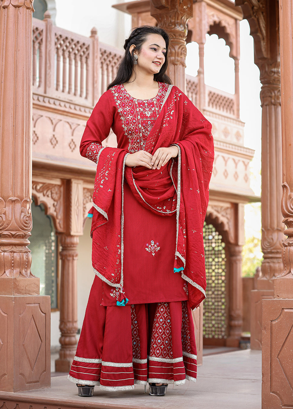 Kaajh Women's Red Rayon Embroidered Kurta Sharara Set With Dupatta | Swadesiicart