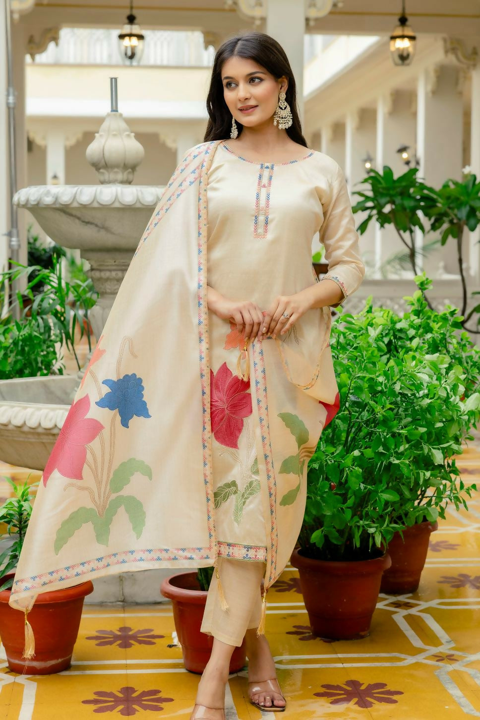The52 Chiku Women's Beautiful Thread Work Viscose Assam Silk Fabric with Straight Kurta, Pant and Dupatta Set - Swadesiicart