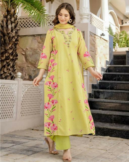 The52 Lemons Women's Beautiful Chanderi Fabric Printed Work Straight Kurta Pant and Dupatta Set - Swadesiicart