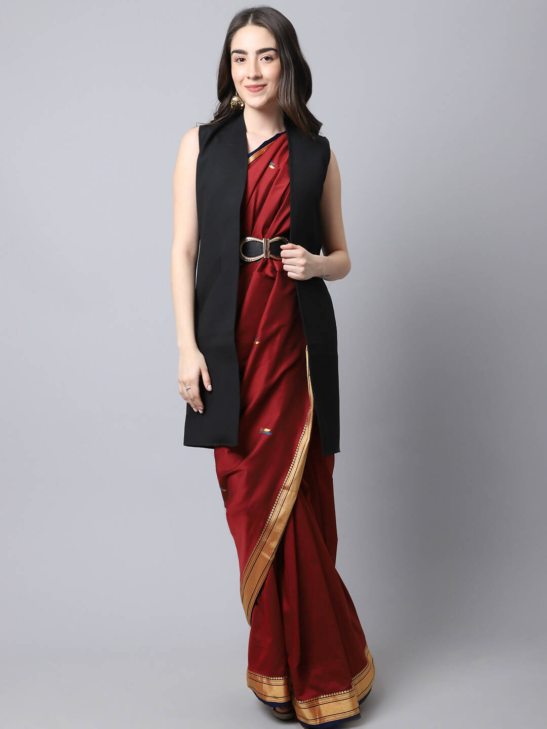 Even Apparels Black Polywool Open Front Women's Long Coat | Swadesiicart