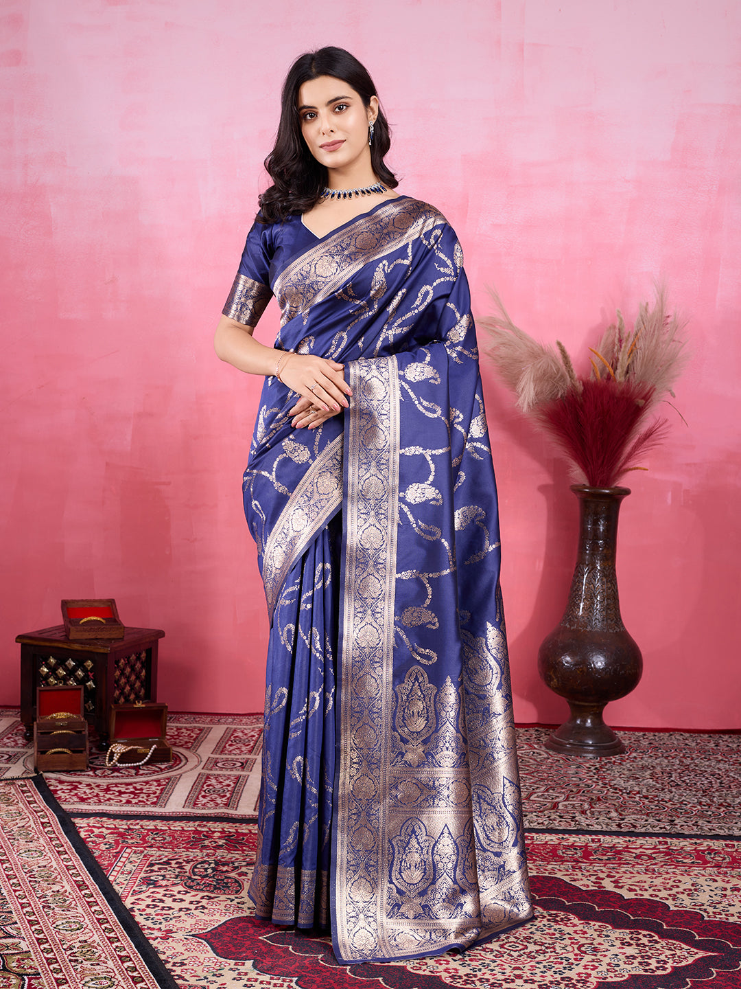 Vedant Vastram Banarasi Silk Fashion Saree - Navy | Swadesiicart
