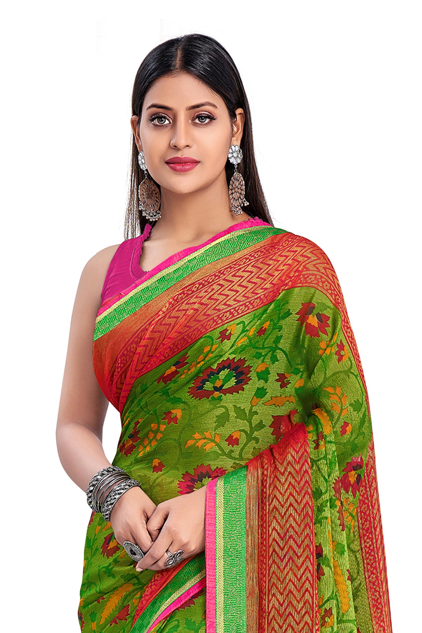 Vamika Green & Pink Designer Chiffon Brasso Saree With Exclusive Banarasi Lace | Swadesiicart