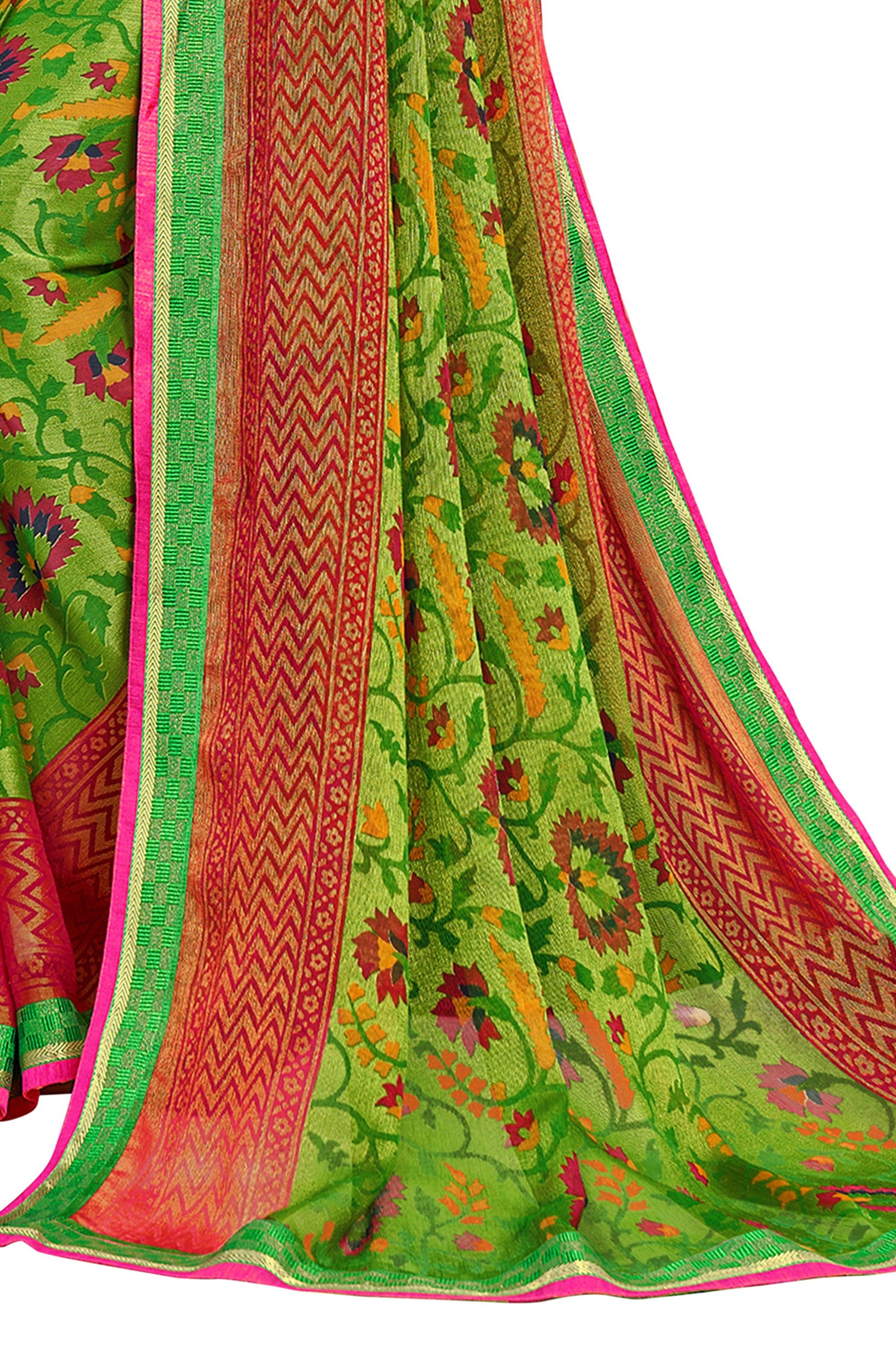 Vamika Green & Pink Designer Chiffon Brasso Saree With Exclusive Banarasi Lace | Swadesiicart