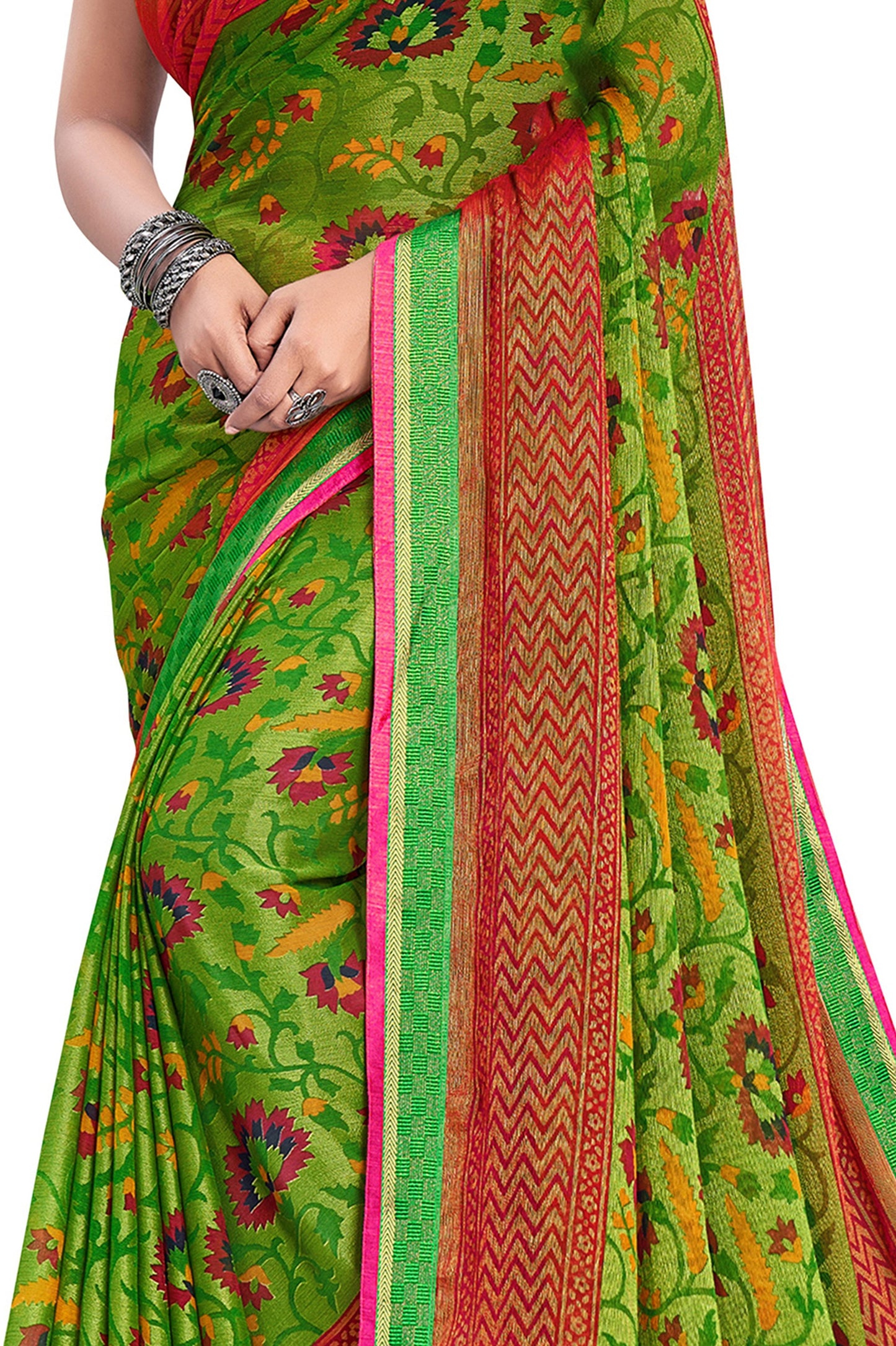Vamika Green & Pink Designer Chiffon Brasso Saree With Exclusive Banarasi Lace | Swadesiicart