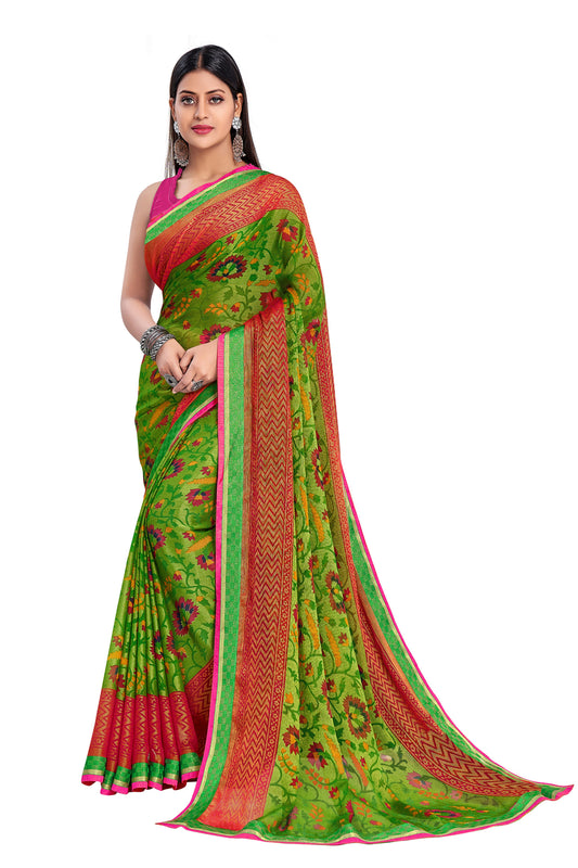 Vamika Green & Pink Designer Chiffon Brasso Saree With Exclusive Banarasi Lace | Swadesiicart