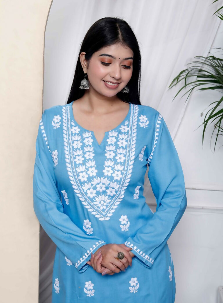 Miravan Women's Chikankari Embroidery Sky Blue Straight Kurta And Palazzo | Swadesiicart