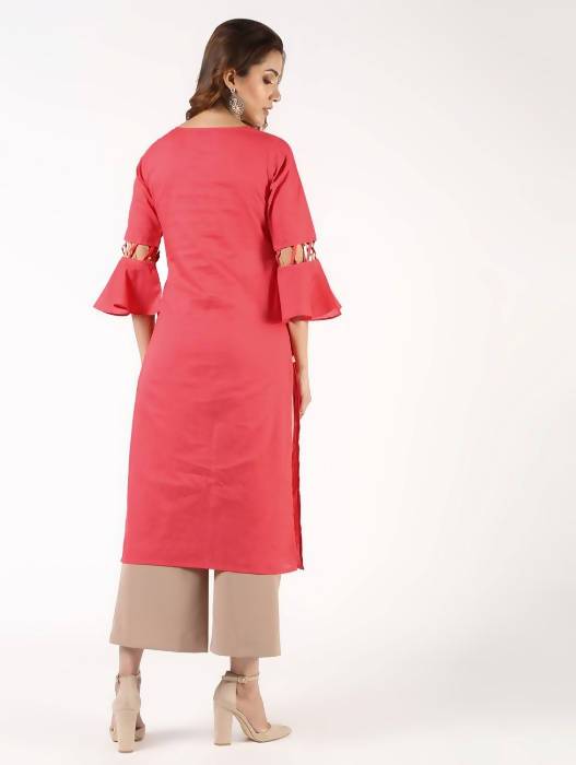 Aniyah Cotton Criss Cross Bell Sleeves Peach Straight Kurta (AN-142K) - Swadesiicart