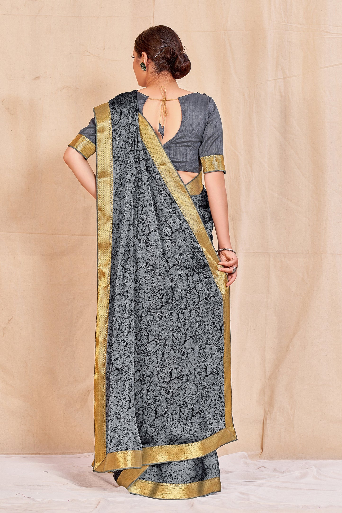 Vamika Grey Designer Cadbury Chiffon Banarasi Lace Saree | Swadesiicart